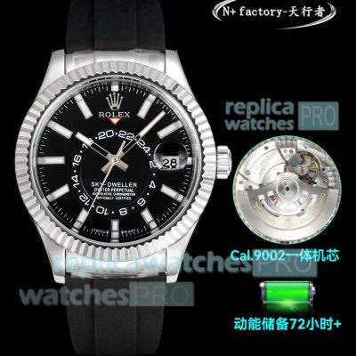 N+ Swiss Copy Rolex Sky-Dweller Gain Weight World Timer Black Dial Rubber Strap Watch 